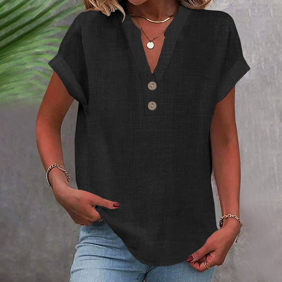 Stand Collar Button Short Sleeve Women&