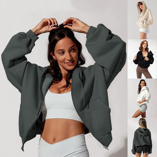 Zipper Hoodies Sports Jacket Fashion Loose Hooded Sweatshirt Casual Solid Women&