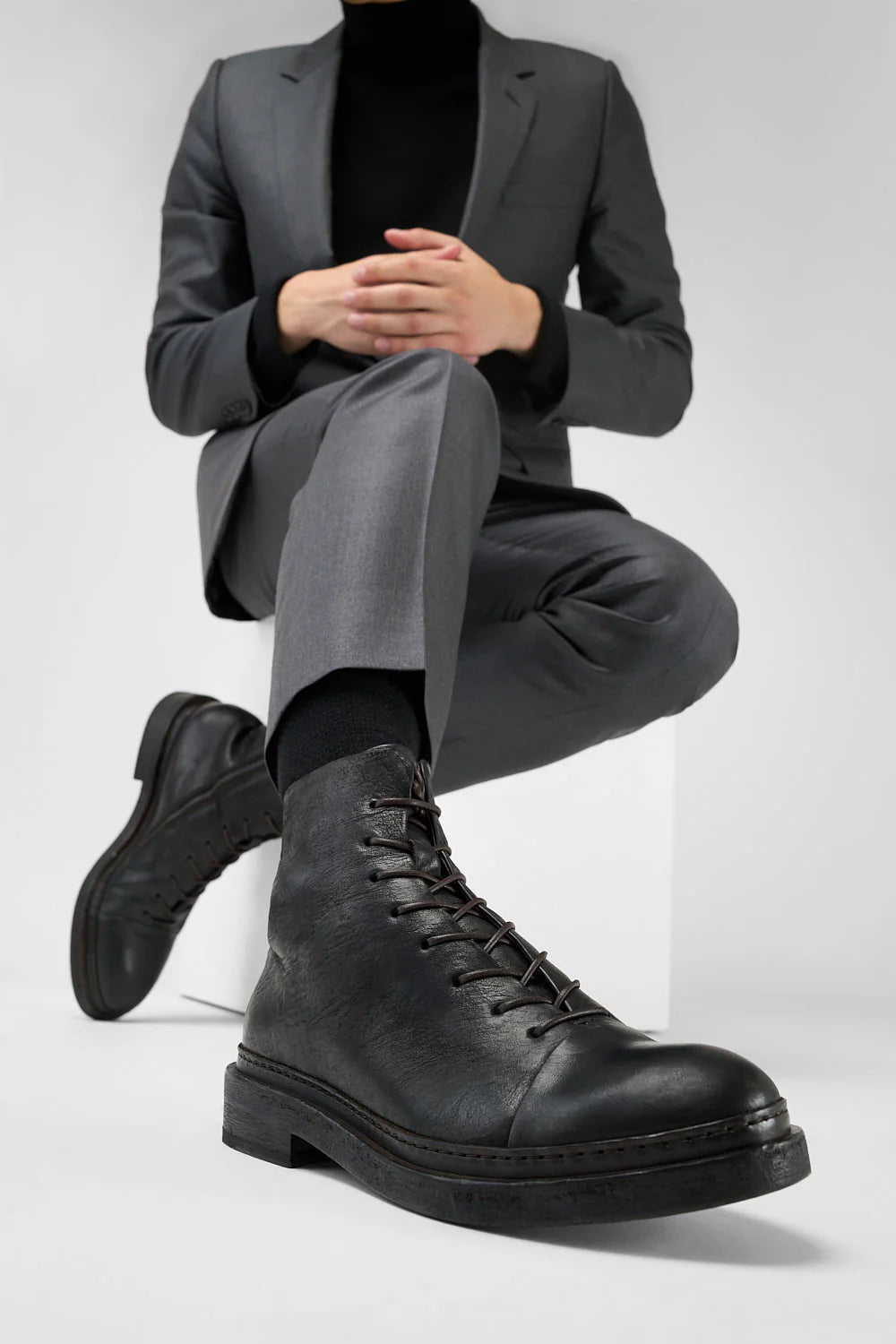 YALE Matte-Black Welted Oxford Lace up Boots.