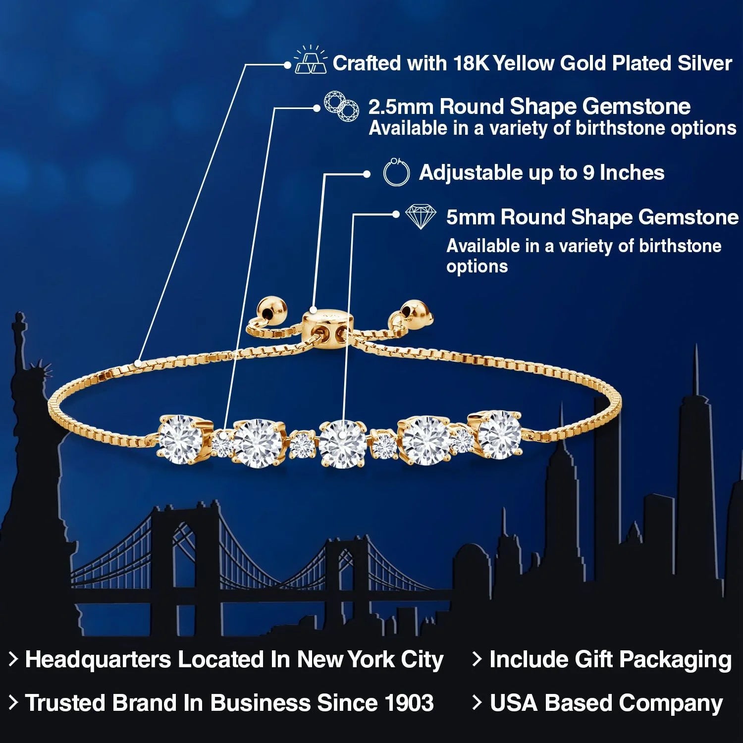 18K Yellow Gold Plated Silver Lab Grown Diamond Bracelet for Women | 2.76 Cttw | Gemstone April Birthstone | round 5MM