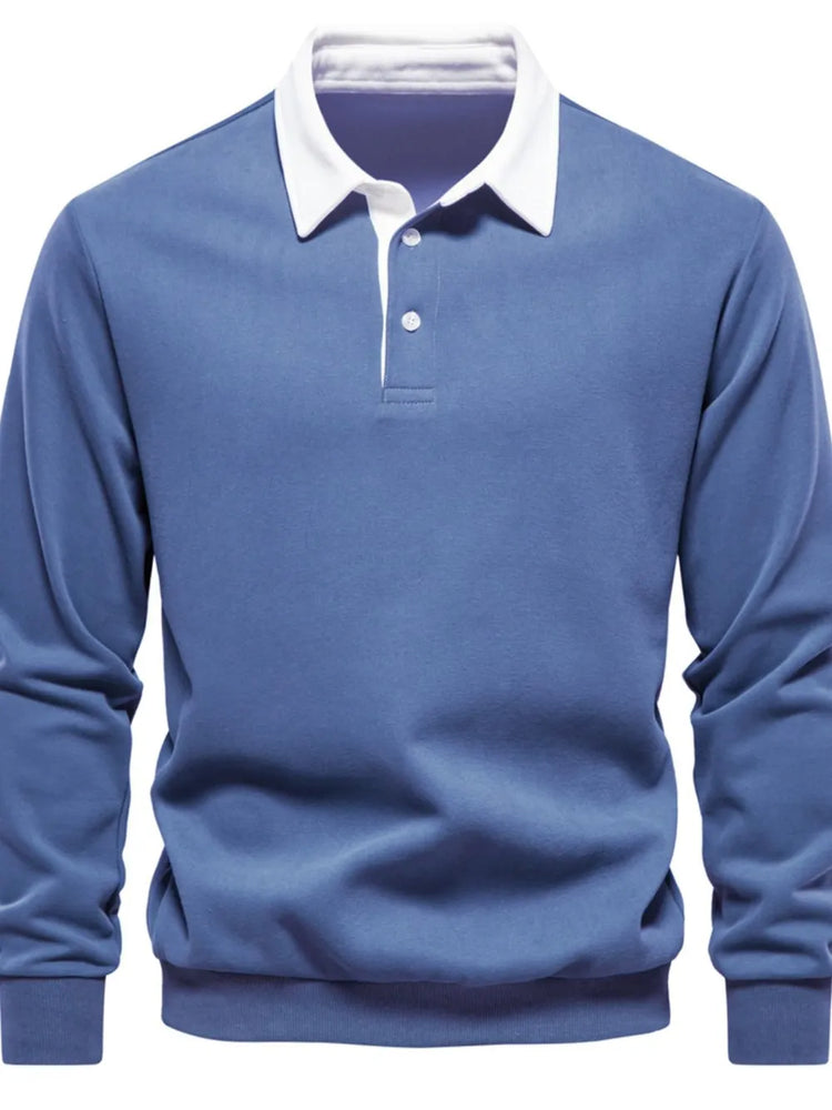 Men’s quarter button collared neck long sleeve polo — stylish casual shirt with soft fabric and classic fit