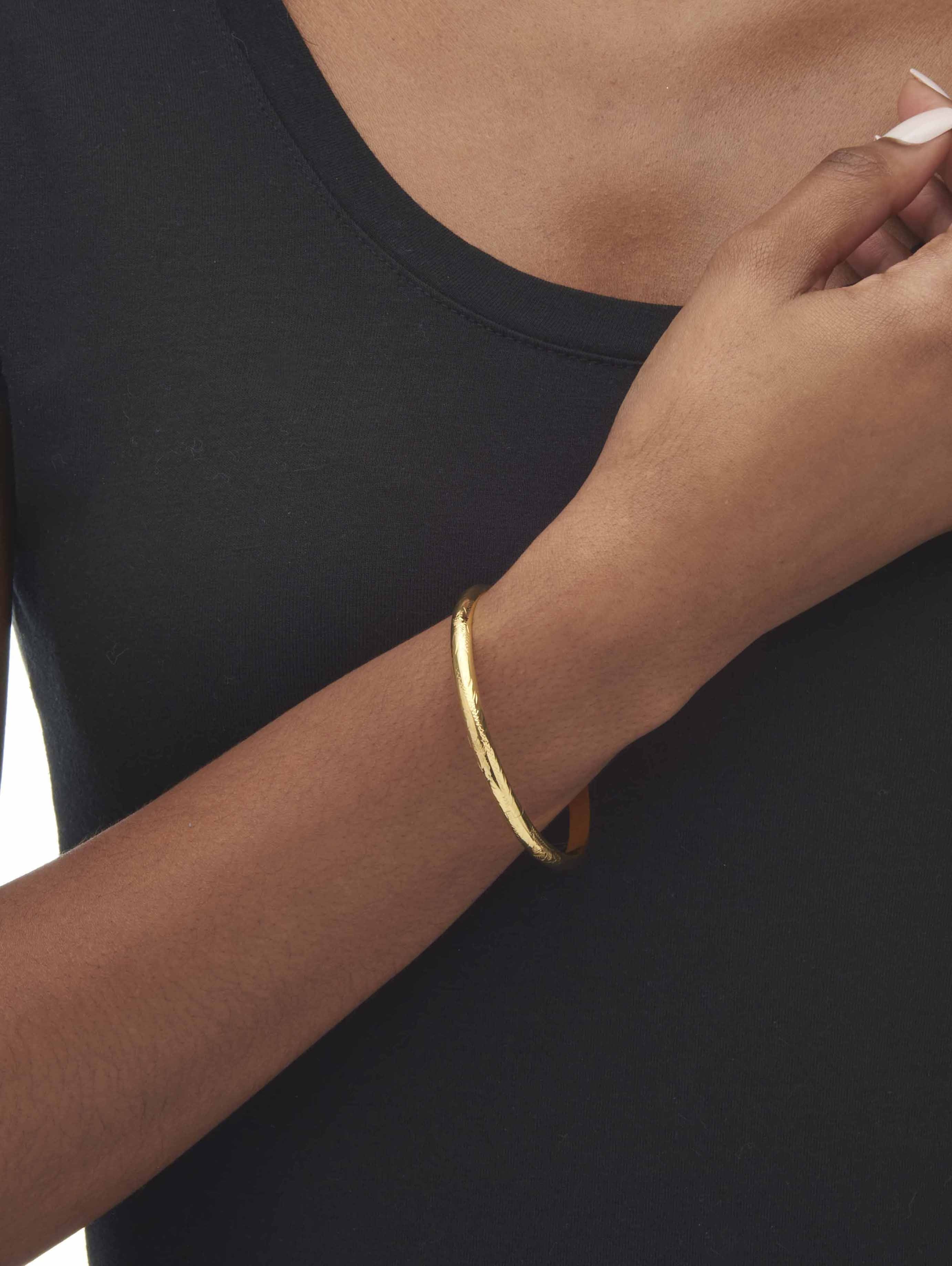 Etched Bangle Bracelet in 18K Yellow Gold over .925 Sterling Silver 7" Length