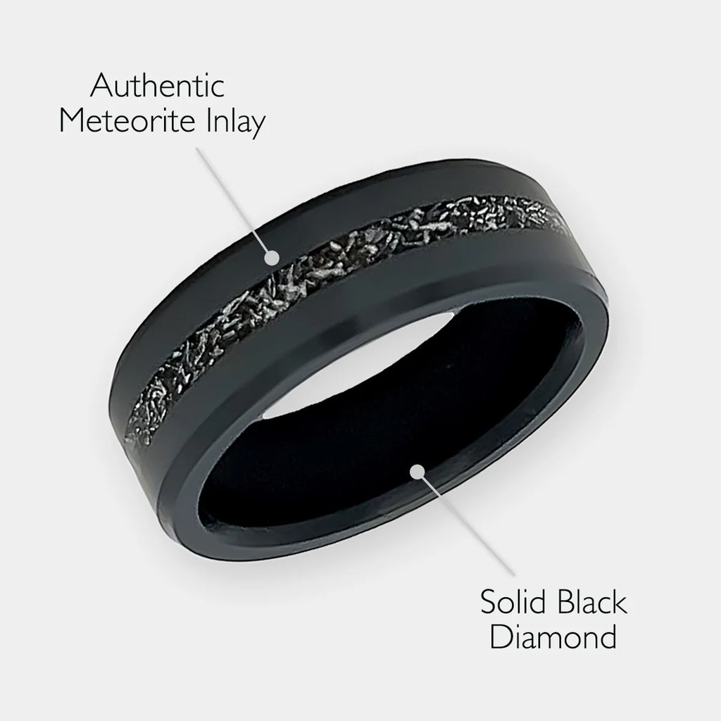 Black Diamond - Men’S Ring 8Mm - Authentic Muonionalausta Meteorite Inlay - ARES -