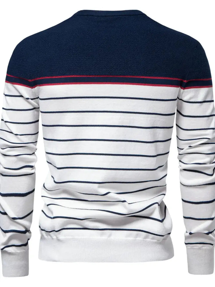 Men’s striped round neck long sleeve sweater — cozy knit pullover with classic casual design