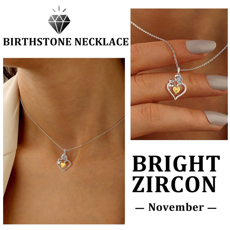 925 Sterling Silver Birthstone Necklace Rose Flower Heart Pendant Jewelry Christmas Valentines Mother&