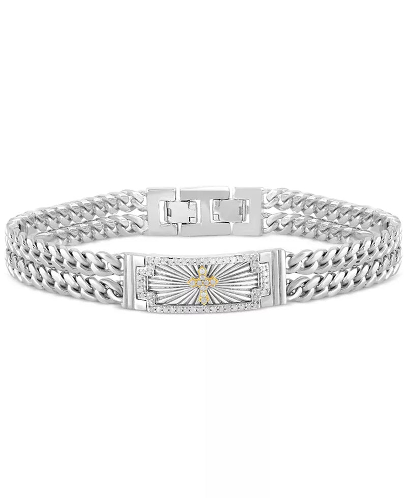 Men'S Diamond Cross Double Curb Chain Bracelet (3/8 Ct. T.W.) in Sterling Silver