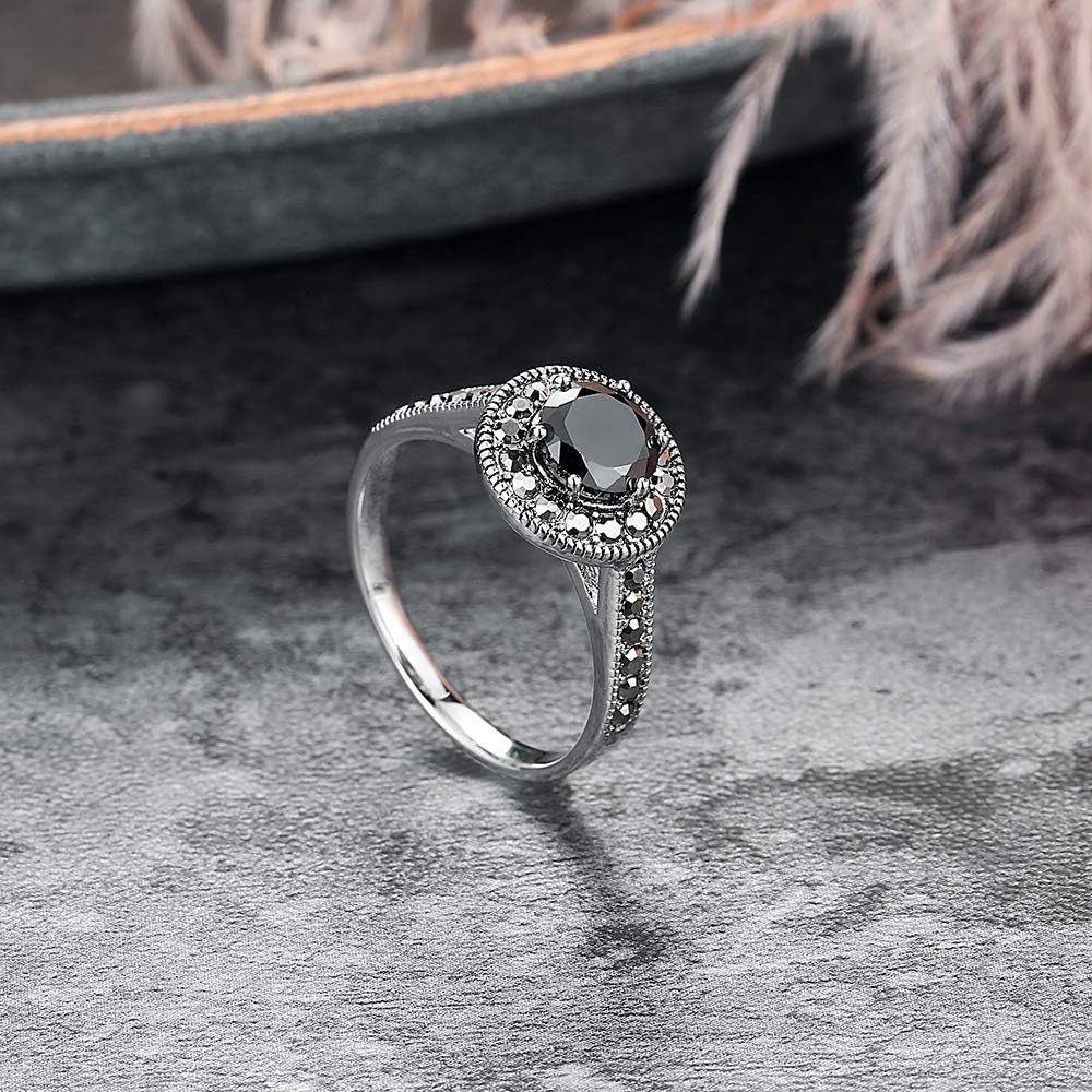 Vintage Wide Ring Classic Black Marcasite Crystal Rows Statement Silver Chunky Rings