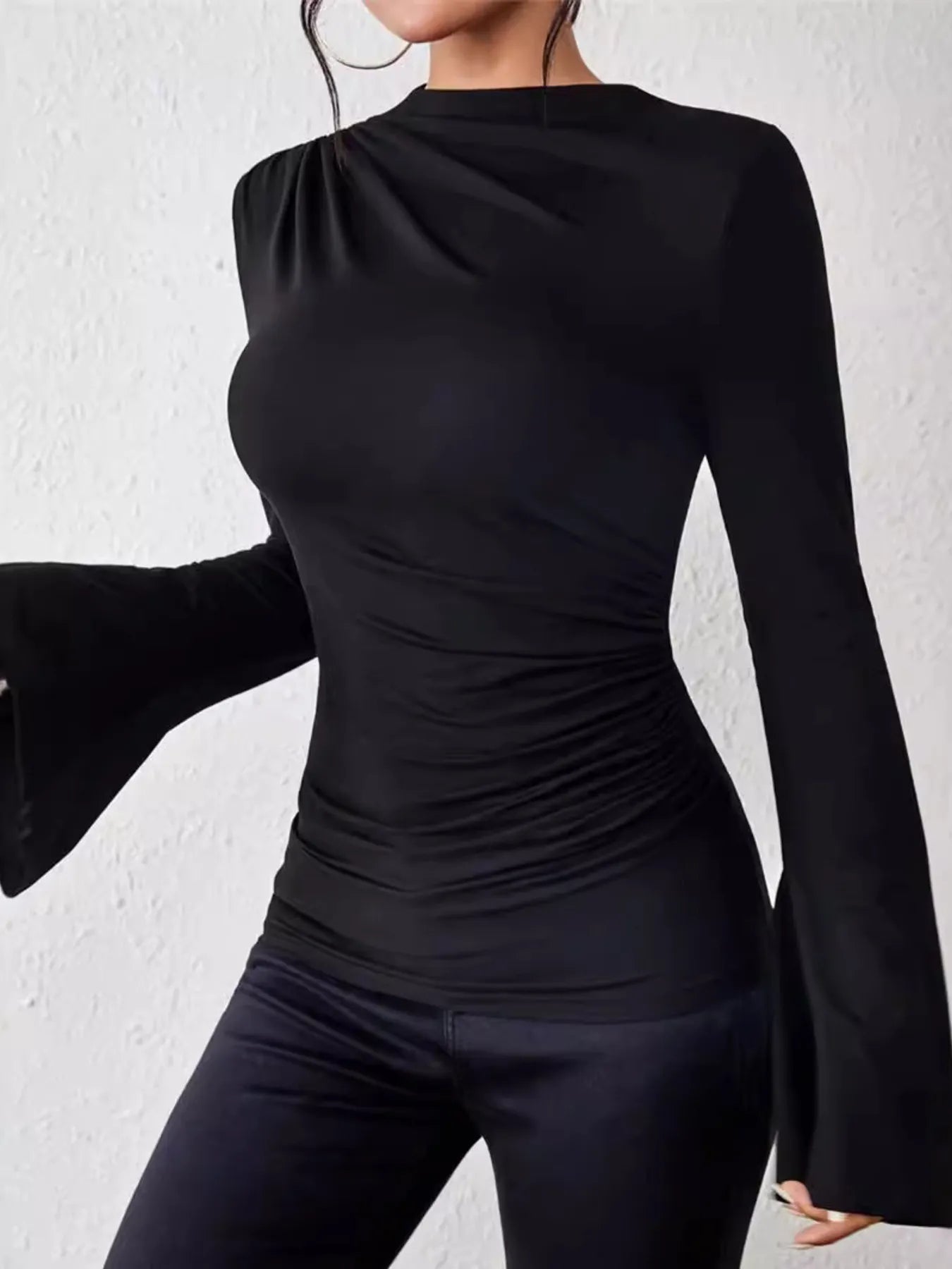 Bell Sleeve Ruched Fitted T-Shirt with Mock Neck for Adult women - FasionByMatteo