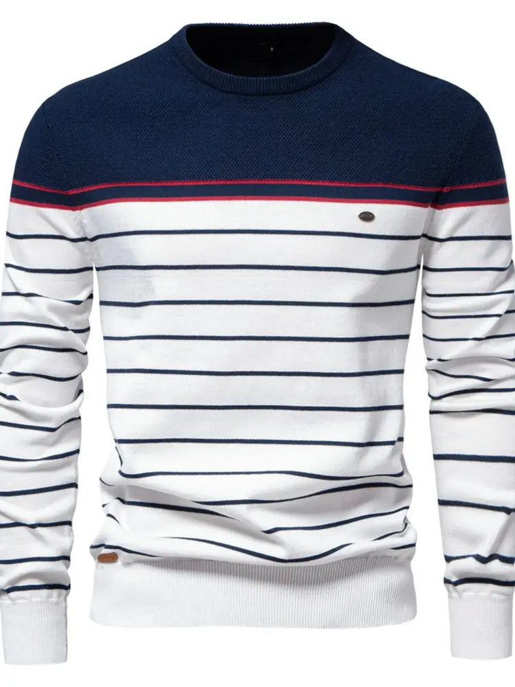 Men’s striped round neck long sleeve sweater — cozy knit pullover with classic casual design