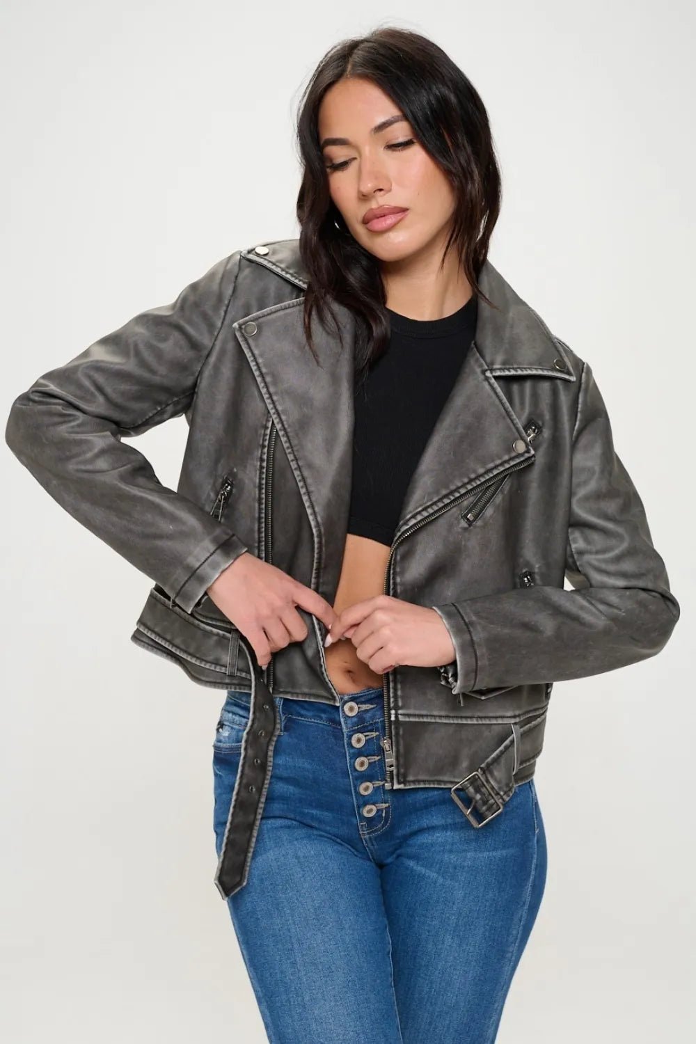 Coalition LA Zip Up Biker Jacket with Belt for Adult women - FasionByMatteo