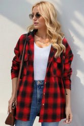 Double Take Drawstring Plaid Long Sleeve Hooded Shacket for Adult women - FasionByMatteo
