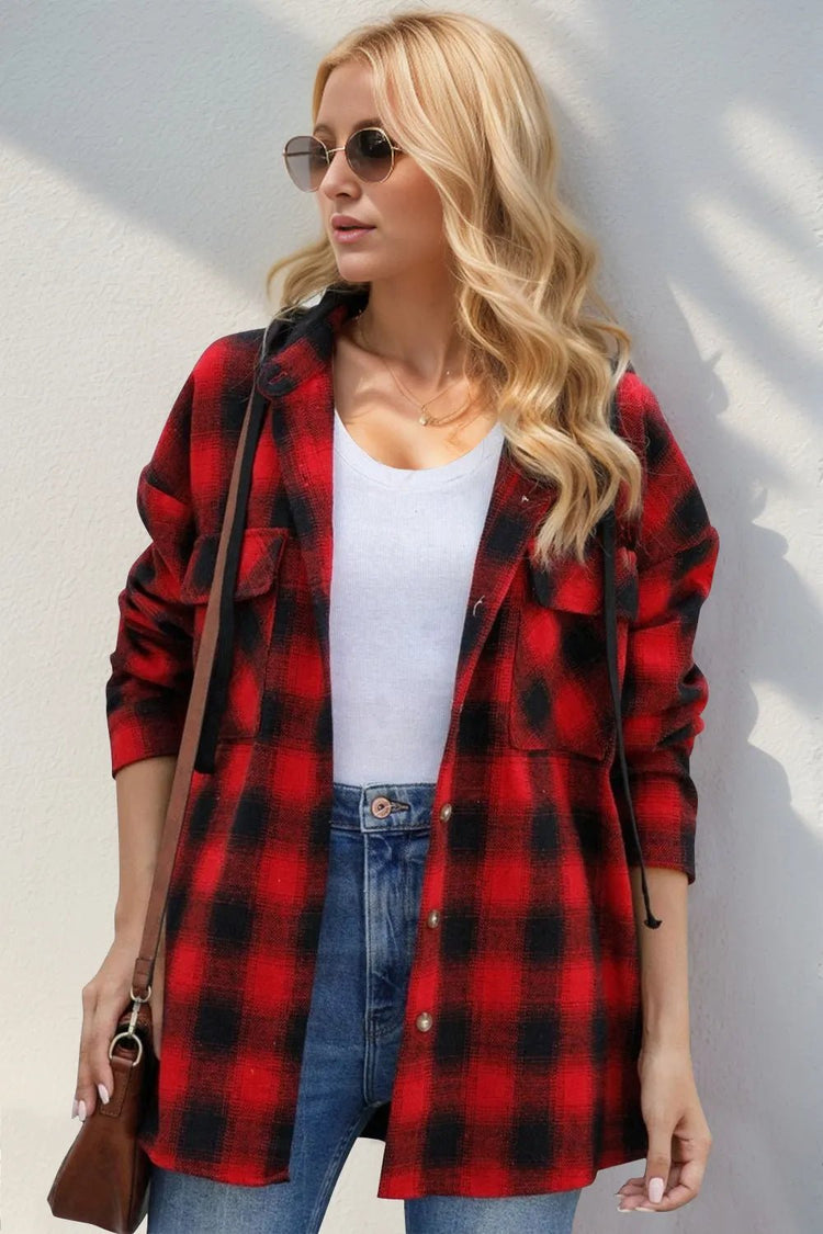 Double Take Drawstring Plaid Long Sleeve Hooded Shacket for Adult women - FasionByMatteo