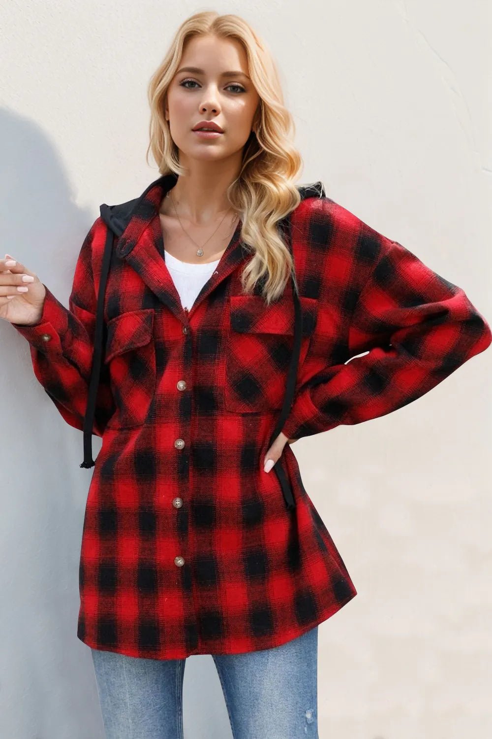 Double Take Drawstring Plaid Long Sleeve Hooded Shacket for Adult women - FasionByMatteo