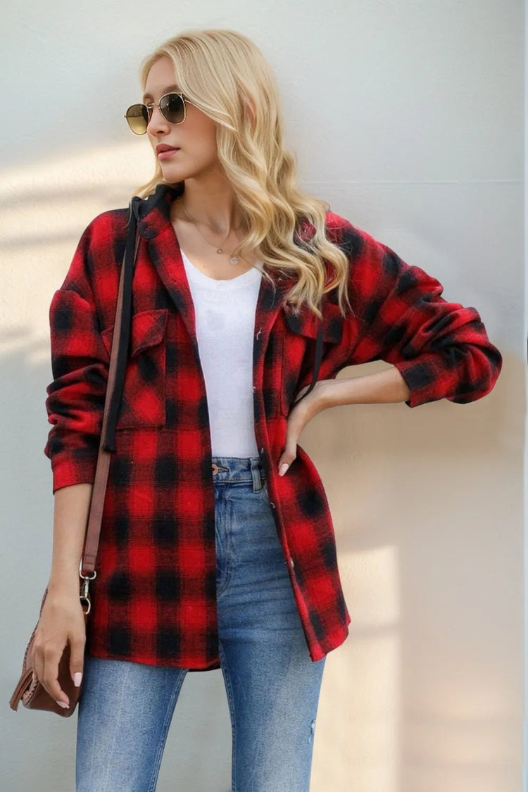 Double Take Drawstring Plaid Long Sleeve Hooded Shacket for Adult women - FasionByMatteo