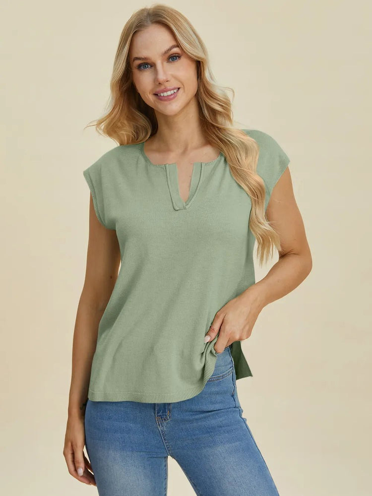 Double Take Full Size Notched Cap Sleeve Knit Top for Adult women - FasionByMatteo