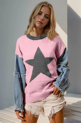 Double Take Full Size Star Pattern Raw Edge Long Sleeve Sweater for Adult women - FasionByMatteo