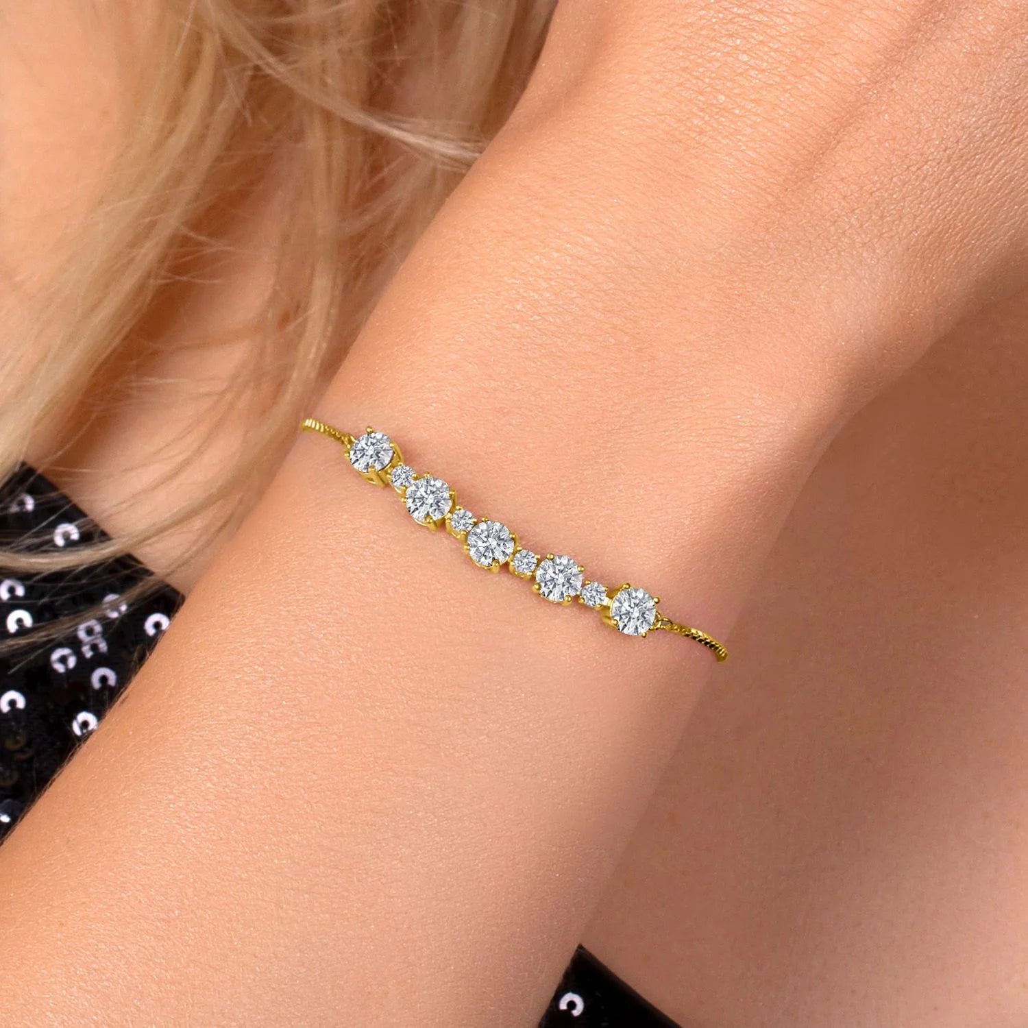 18K Yellow Gold Plated Silver Lab Grown Diamond Bracelet for Women | 2.76 Cttw | Gemstone April Birthstone | round 5MM