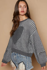 POL Round Neck Heart Patch Zipper Point Sleeve Sweater for Adult women - FasionByMatteo